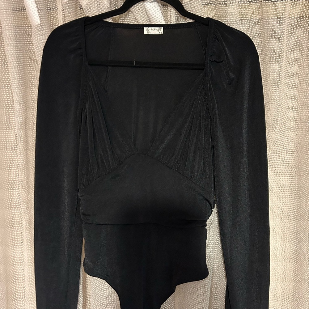 Free People Black Long Sleeve V-Neck Bodysuit NWOT